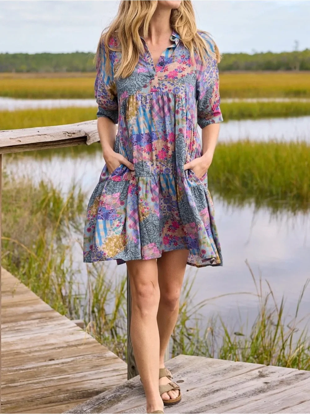 NATURAL LIFE Pastel Floral Patchwork Becca Mini Dress Small NWT Pockets Boho